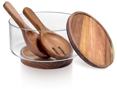 Large Glass Salad Bowls, Salad Bowl Set for Party with Acacia Wood Base and Lid and Salad Serving Utensils, Elegant and Practical Salad Bowls for Kitchen Essentials