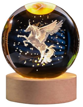 AOFEGRLT Figura de unicornio con lámpara de bola de cristal con soporte LED, esfera de vidrio grabada con láser 3D, pisapapeles (60 mm)