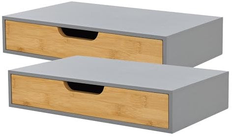 [en.casa] Wandregal 2er Set Bokn mit Schublade Bambus Schweberegal Hängeregal Wandablage Wandboard Nachttisch-Ablage Grau 40 x 24 x 8 cm Wandschublade