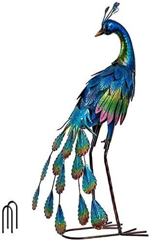 TERESA'S COLLECTIONS Outdoor-Statuen, Pfauendekoration, Hofkunst, Gartenskulpturen und Statuen für Veranda-Dekoration, Blauer Kleiner Metallvogel für Hofdekoration, 45,7 cm, Gartendekoration für den