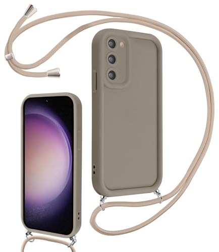 Coalbooliy Coque pour Samsung Galaxy S23 5G 6,1 avec Cordon de Collier Réglable, Etui Protection de la Caméra Silicone Souple TPU Antichoc Housse avec Corde Lanyard Cover pour Femmes Filles, Kaki