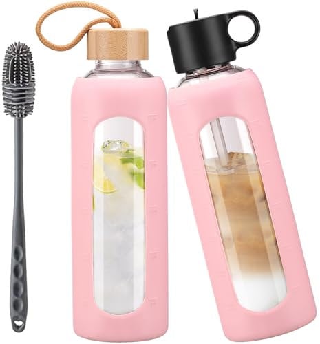 HYDRAGLAZIC 750ml Gourde en Verre Avec Paille et 2 Couvercle, Bouteille d'eau Motivation Graduée Pour 1 Journee Avec Marqueur de Temps Housse en Silicone, Sport Gourde Reutilisable,Rose