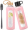 HYDRAGLAZIC 700ml Trinkflasche aus Glas mit 2 Deckeln – Strohhalmdeckel, Bambusdeckel, Glasflasche mit Silikonhülle, Zeitmarkierung, Wasserflasche Glas für Kaltgetränke,Rosa