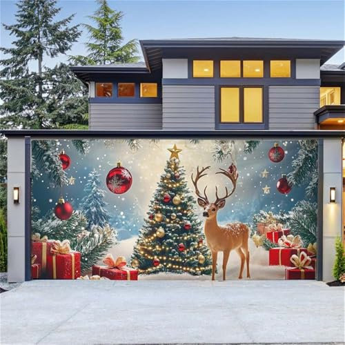 Surwin Bannière de Porte de Garage de Noël, Bannière de Fond de Porte de Garage Decoration Noel Nouvelle Année Exterieur (210x240cm,Arbre de Noël)