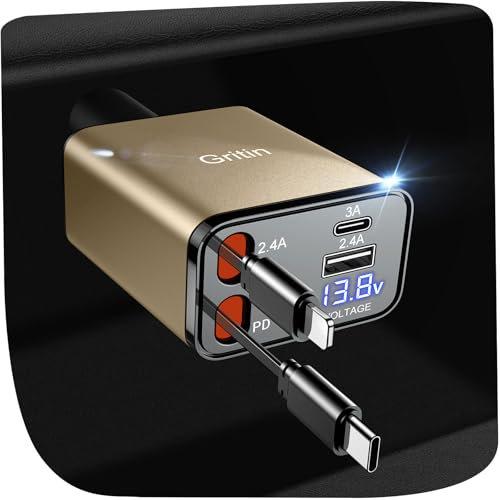 Gritin 4 in 1 Zigarettenanzünder USB C 69W Auto Ladegerät Adapter Kfz, Camping Wohnmobil Auto Zubehör, Travel Essentials mit Spannungsanzeige, Car Accessoires für iPhone 16 Pro Max Plus & Galaxy, Gold