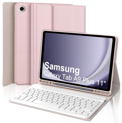 WAVATA Funda Teclado para Samsung Galaxy Tab A9 Plus 2023- Teclado España Ñ Bluetooth para Samsung Tab A9 Plus SM-X210/X216/X218, Rosa