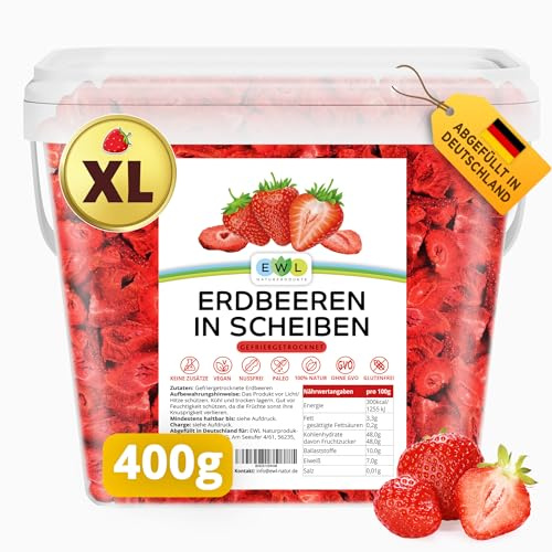 EWL Gefriergetrocknete Erdbeeren 400g | 100% Frucht | Ohne Zucker | Eimer | Knusprige Erdbeerchips | Veganer Snack | Ideal für Müsli, Porridge & zum Backen | Abfüllung in Deutschland