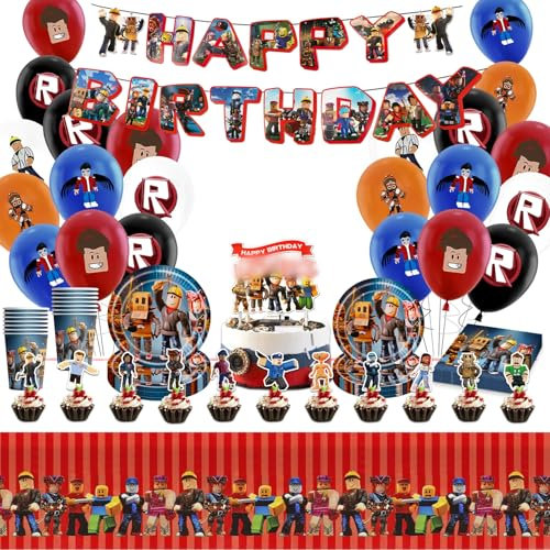 Ensemble de vaisselle rouge de 95 pièces - Décorations d'anniversaire pour joueurs, ballons de fête - Fournitures de fête d'anniversaire, assiettes, tasses, serviettes et nappe pour garçons et enfants