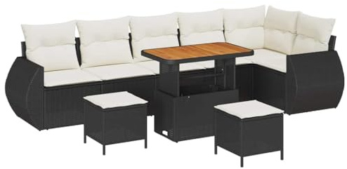 vidaXL 9-teiliges Garten-Sofaset mit Kissen in Schwarz und Creme Weiß, aus Poly Rattan und Akazienholz, Bequeme Sitzgelegenheit für draußen, Coole Möbel für die Terrasse oder den Garten