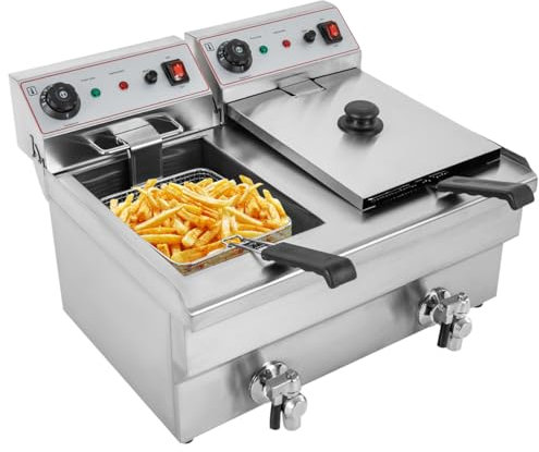 10 Liter Doppel Edelstahl Professionelle Große Fritteuse Mit 2 Körben Einstellbare Temperatur & Timer Perfekt Öl-Behälter Für Frittierte Hähnchen Abnehmbarer Für den Gewerblichen Privaten Gebrauch
