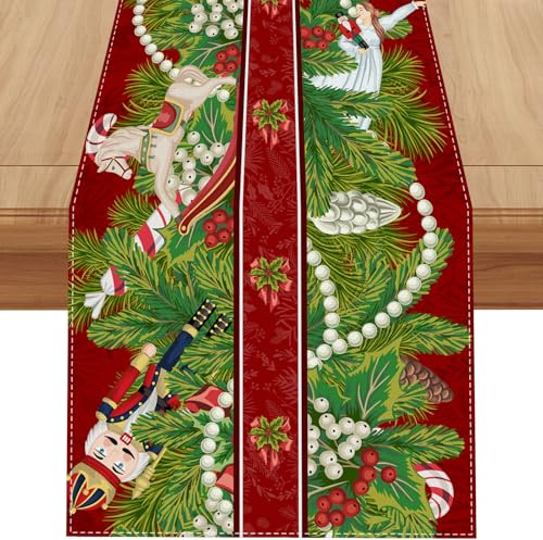 Linen Nutcracker Christmas Table Runner 72 Inches Long Nut Crackers Home Kitchen Dining Room Decor Farmhouse Christmas Xmas Winter Holiday Decorations and Supplies for Home