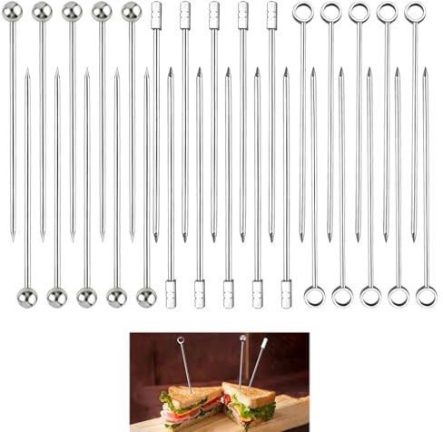 30 Piezas Palillos de Cóctel de Acero Inoxidable, Brochetas de Bebidas de Metal, Pinchos Reutilizables para Frutas, Palillos de Martini para Cócteles, Fiestas, BBQs y Eventos, 11 CM