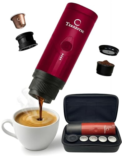 Terrestic Cafetera expreso eléctrica portátil Dose + estuche rígido de viaje - Para café molido y cápsulas Nespresso, funciona con pilas y se carga por USB-C, ideal para coche, camping (Rojo rubí)