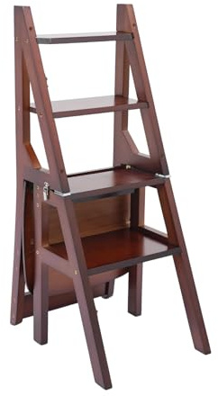 WooDerson Escalera plegable de madera maciza, 4 peldaños, plegable, soporte para flores y taburete plegable, soporta hasta 100 kg (marrón nogal)