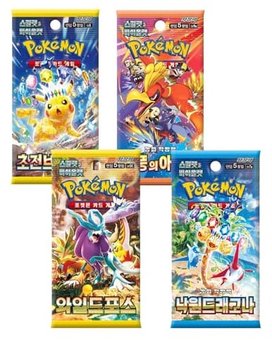 Mystery Lot med 4 Pokémon-booster – Koreansk version | Slumpmässigt urval av 20 set | originala TCG-boosters | Koreanska Pokémon-kort + HeartGlobal-expeditionsskydd