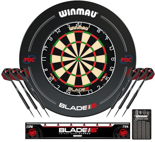 WINMAU Blade 6 Dartscheiben Dart Surround Set - Professionelles Dartzubehör - Inklusive Blade 6 Dartscheibe, Umgeben, 2 Satz Schwarze 19g Steeldart - 2 Satz Flüge und Schäfte & Mehr