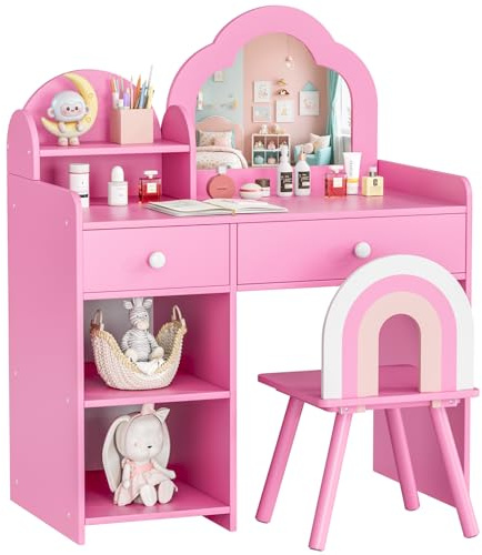 MAMIZO Kinder Schminktisch mit Spiegel, für Kita Kindergarten Rollenspiel | Wolkenförmiger Schminktisch Kinder Set mit Hocker und Schubladen, Prinzessin Frisiertisch für Mädchen ab 3, Rosa, 74x40x91cm