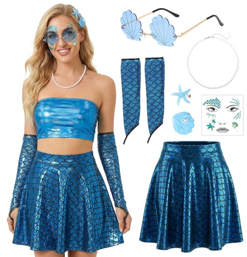 HarnyLoom 6 Stück Damen Meerjungfrau Kostüm - Fischschuppen Rock Seestern Haarschmuck Handschuhe Gesichtstattoo Halskette Sunglasses Meerjungfrauenkostüm für Karneval Halloween Mottoparty (L)