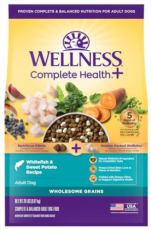 Wellness Complete Health+ Adult Dry Dog Food with Freeze Dried Wellbites, Wholesome Grain Kibble+, Natural, Chicken Free, Whitefish and Sweet Potato Recipe, 20 lb Bag