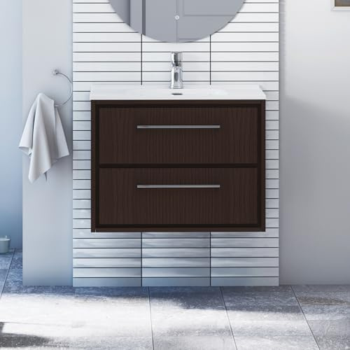 Royal Bathrooms 700mm Wall Hung Bathroom Vanity Unit Ceramic Basin 2 Drawers Storage Cabinet Furniture - Walnut Woodgrain