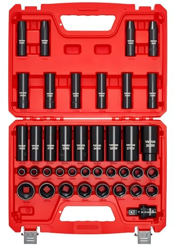 VEVOR Impact Cap Set 1/5.1 cm, 39-Piece, 6-Point deep and Shallow caps, Metric 9 to 30 mm, Cr-V Steel, high Durability, with Universal Joint, Double Size Markings