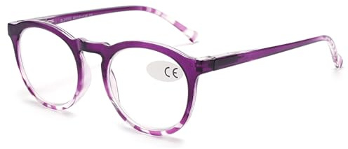 ALKAHE Mode Rund Lesebrille für Damen Herren Retro Schildpatt Rahmen Lesehilfe Federscharniere Blaulichtfilter Brille Lila Schildpatt Brille 3.0