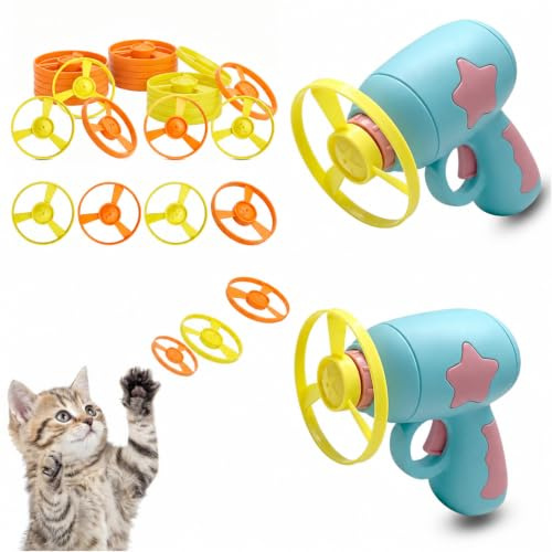 Interaktives Katzenspielzeug mit 2 blauen Scheibenwerfern, 20 Flugscheiben | 2 Stück Katzenspielzeug Propeller Spielzeug für Katzen, Cat Fetch Toy für Indoor und Outdoor Training Jagen Schlagen