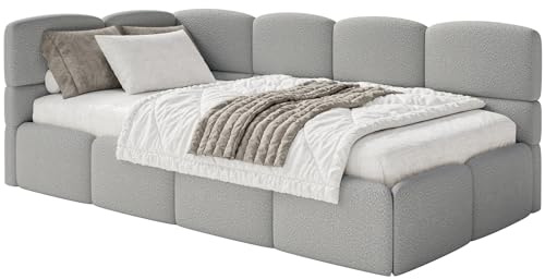 Selsey Jugendbett 120x200cm Grau Bouclé Stoff mit Matratze und Lattenrost, gepolstertes Polsterbett mit Stauraum und Bettkasten, Jugendbett linksseitig mit Eckkopfteil, Bett für Kinderzimmer