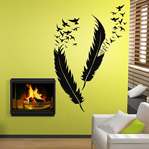 Wandora W1471 Wandtattoo Federn mit Vögel I schwarz M-Set I Feder Vogel Schlafzimmer Wohnzimmer Wandsticker Aufkleber Wandaufkleber