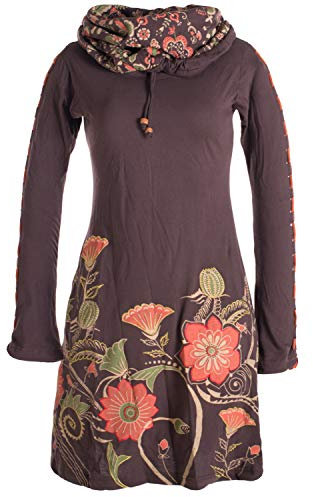 Vishes - Alternative Bekleidung - Damen Kleid mit Blumen-Muster Langarm Herbst Frühling Schalkragen braun 36