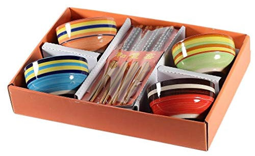 lachineuse - Coffret 4 Bols Colorés - Bols à Riz, Petit Déjeuner & Soupe - Vaisselle en Porcelaine Orange, Jaune, Bleu, Rouge - 4 Paires de Baguettes - Bol Asiatique - Cadeau Vaisselle Asie