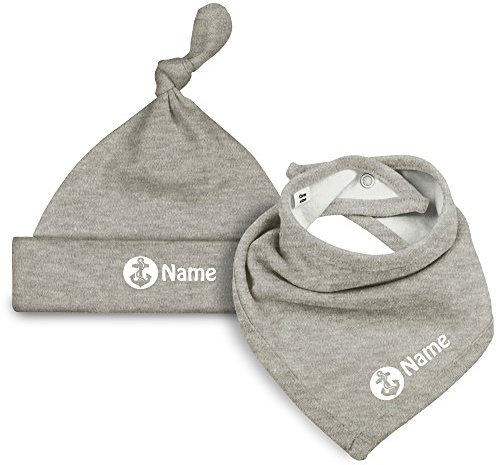 Set aus Babymütze und Halstuch mit Anker personalisiert mit Namen - von FRITZ X ANDRE in Grau mit Schrift in Weiss