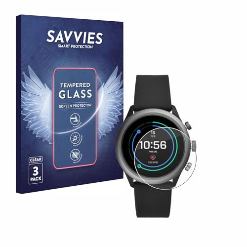 Savvies Panzer Schutz Glas für Fossil Sport (43 mm) (3 Stück) 9H Hartglas, Anti-Fingerprint, Displayschutz