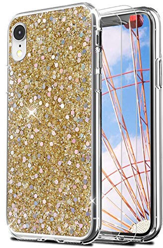 Feyten Cover iPhone XR con Vetro Temperato [2 Pack], Lucciante Brillantini Design TPU Gel Silicone Protettivo Cover Custodia per Apple iPhone XR 6,1 (Oro)