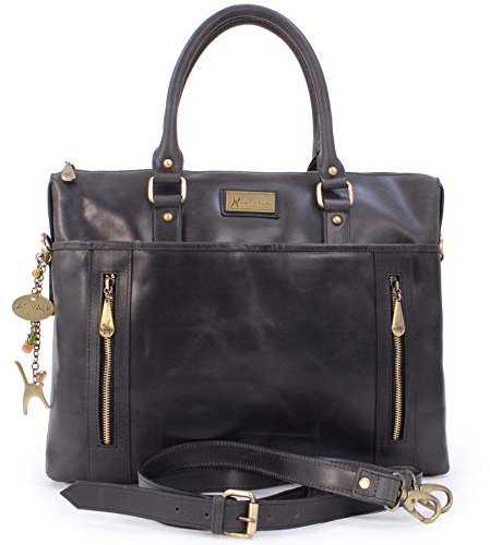 Catwalk Collection Handbags - Grand Cabas Femme Cuir Vintage - Sac de Travail/Sac Porté Épaule Avec Bandoulière - Sacoche Ordinateur - Adele - Noir