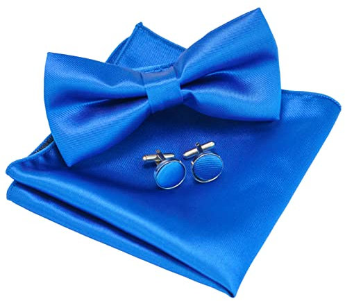 JEMYGINS Einfarbig Fliege und Einstecktuch mit Manschettenknöpfe Sets für Herren,Blau