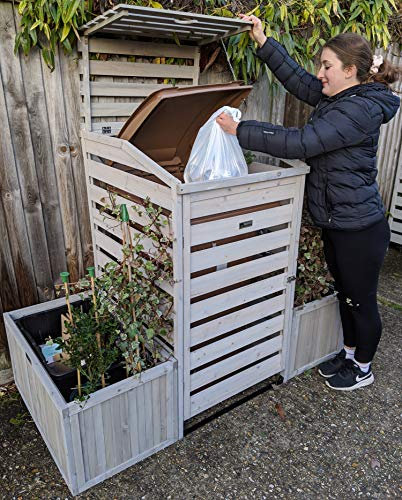 Bin Garden Single Wheelie Bin Store with Bi-Fold Roof and matching Planters Garbage Shed for up to 240L Bin / 65G Can Planter Boxes for storage of two Kerbside Recycling Boxes Painted Silver Grey