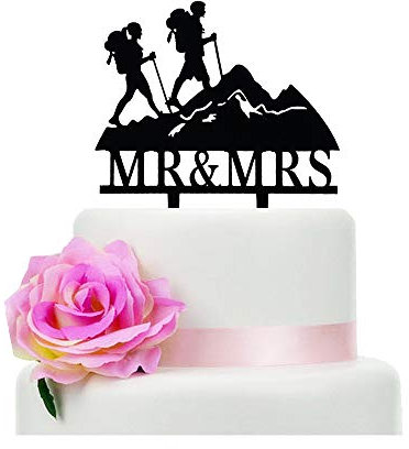YzYbuaego Mountain Wedding Cake Topper, Mr & Mrs, Hiking Theme, Black Backpacking Bride & Groom Silhouettes