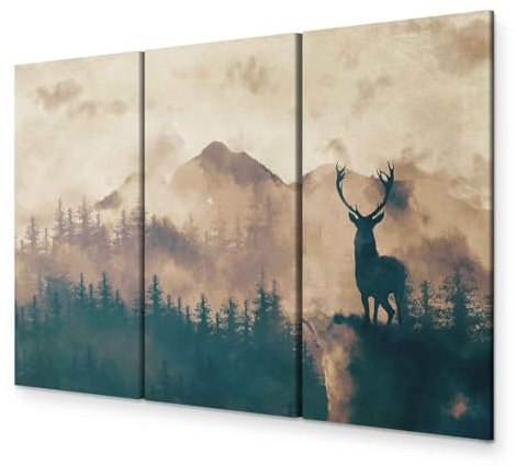 murando - Leinwand Bilder Hirsch 135x90 cm Vlies Leinwandbild 3 Teilig Kunstdruck modern Wandbilder Groß XXL Wohnzimmer Wanddekoration Design Wand Bild - Landschaft Gebirge Wald Panorama Nebel Tiere
