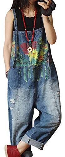 YESNO Women Dungarees Casual Baggy Bloomer Overalls Baggy Cotton Jumpsuits P60UK (L, P60 Denim Blue-UK)