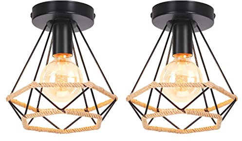 TOKIUS Deckenleuchte Industrielle Vintage Lampe Retro E27 Deckenlampe aus Metall 20CM Käfig Design Pendelleuchte mit Hanfseil für Küche Wohnzimmer Esszimmer Korridor (2 Stücke)