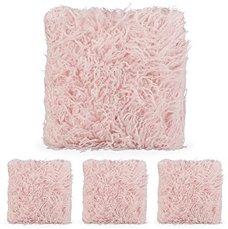 Relaxdays 4 x Flauschige Kissen, mit Füllung, Fellkissen kuschelweich, Fluffy Zottel Bezug, Plüsch Zierkissen 35x40 cm, rosa