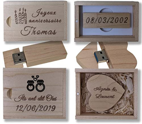 Anpassbarer USB 3.0-Stick aus Holz – 3 Optionen – 32 GB – Inklusive Aufbewahrungsbox – Schnelle Dateiübertragung – Hochzeitsgeschenk