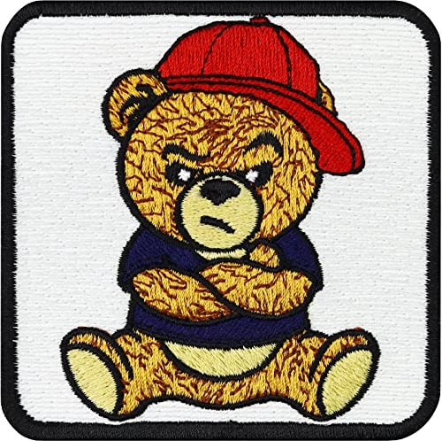 Cooler Teddybär Aufnäher Ted Bügelbild gestickt | Premium Teddy Patch Grumpy Teddy Bär Applikation zum aufbügeln/annähen | für alle Stoffe| 75x75mm