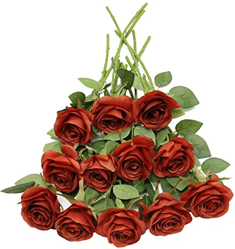 LVEFIT Künstliche Rosenblume, künstliche Blumen mit langem Stiel, Seidenrosen, Blumenstrauß für Hochzeit, Brautparty, Party, Heimdekoration, gebranntes Orange, 12 Stück