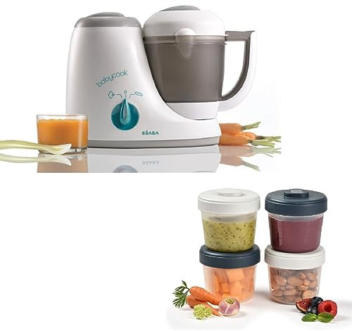 BÉABA, Babycook Original, Robot Bébé 4 en 1 Mixeur-Cuiseur, et 4 Portions Conservation Clip, Pots empilables et emboîtables, Diversification alimentaire, Petits pots bébé maison, Graduation
