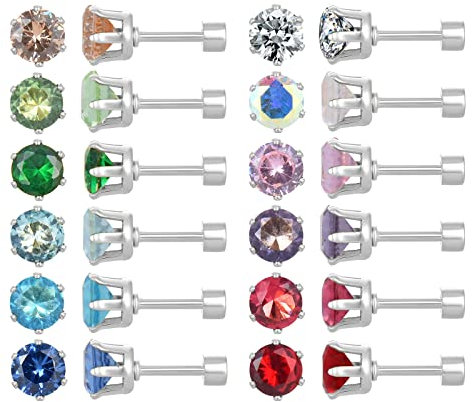 Set di 12 paia di orecchini a bottone in acciaio inox chirurgico con chiusura a vite, con zirconia cubica da donna, placcati in oro 18 carati in argento, Acciaio inossidabile, Zirconia cubica