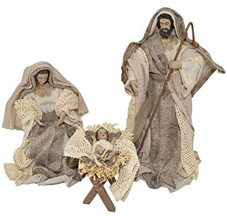 Generico Natività Artigianale in stoffa Tessuto Bianca Avorio Presepe 3 soggetti Statuine in Merletto e Juta con Sacra Famiglia Personaggi da h. 20 25 35 cm (25 cm)