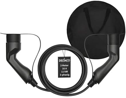 DELTACO Typ 2 EV-Ladekabel für E-Autos & Hybrid Fahrzeuge inkl. Tasche, Elektroauto Charge Mennekes Kabel, Kompatibel mit ID.3, ID.4, Zoe, E-Tron, Model S/3/X/Y, Leaf, 3-phasig, 16A | 11kW, 3 Meter