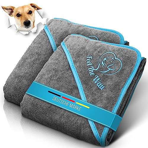 FeelTheWau Hundehandtuch kleine Hunde - 2er Set - Hundehandtuch Extra saugfähig - Hunde Handtuch mit Taschen - Beliebtes Geschenk Hundebesitzer - Design grau türkis - 90x50 cm